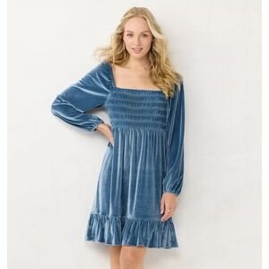 LC Lauren Conrad Velvet Mini Dress XXL Square Neck Long Sleeve Shirred Blue